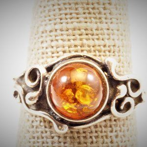 Natural Amber Round Cabochon Sterling Silver Ring